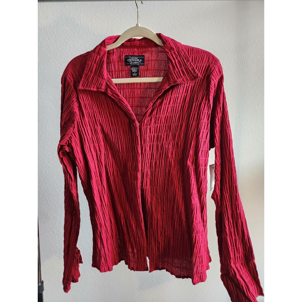 SONOMA Jean Company Women's Red Textured Stretch Button Front Blouse Top XL